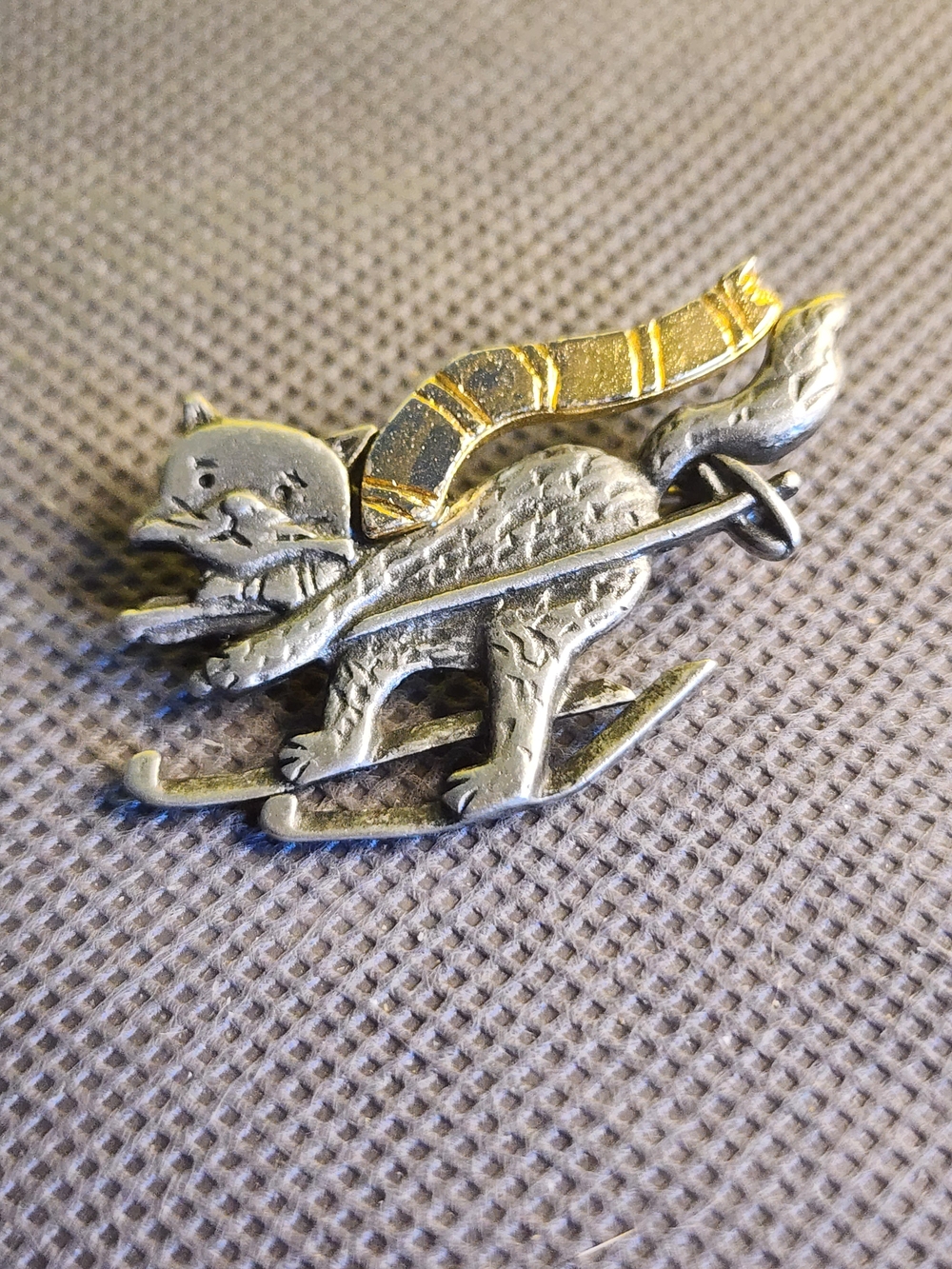 Vintage Cat Skiing Brooch in Silver and Gold Tones, Stamped Alexander Pewter
